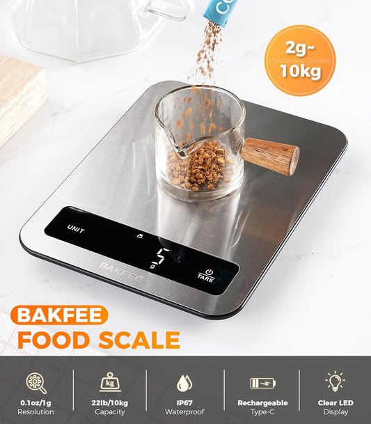 100% Waterproof Food Scale, IP67 Digital Kitchen Scale, Rechargeable (USB-C), 0.1oz/1g Precision, 22lb Capacity, Stainless Steel & Tempered Glass, for Cooking, Making Sourdough Bread, Grey