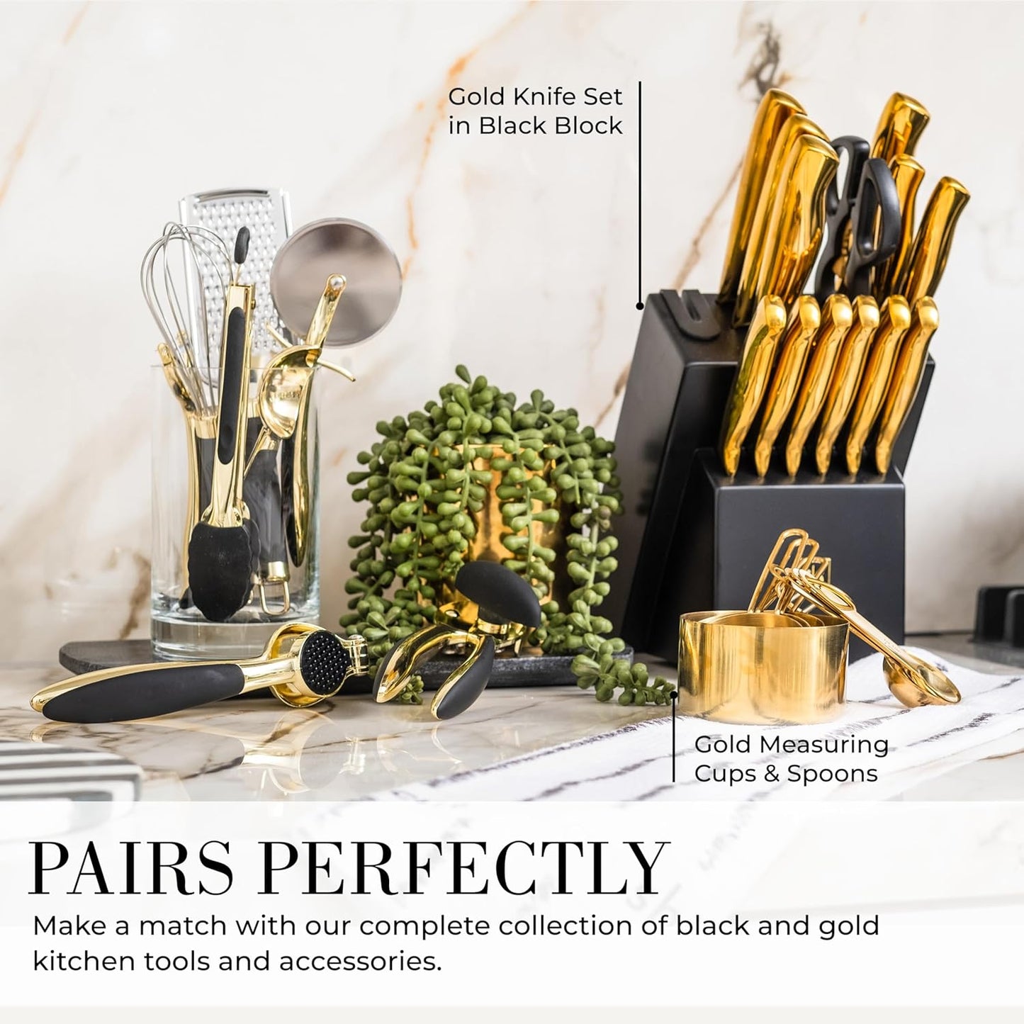 Gold and Beige Kitchen Utensils Set – 8 PC Cooking Gadgets with Mini Gold Whisk and Tongs, Pizza Cutter, Garlic Press, Cheese Grater, Peeler, Can Opener, Scoops – Stylish Beige Kitchen Accessories