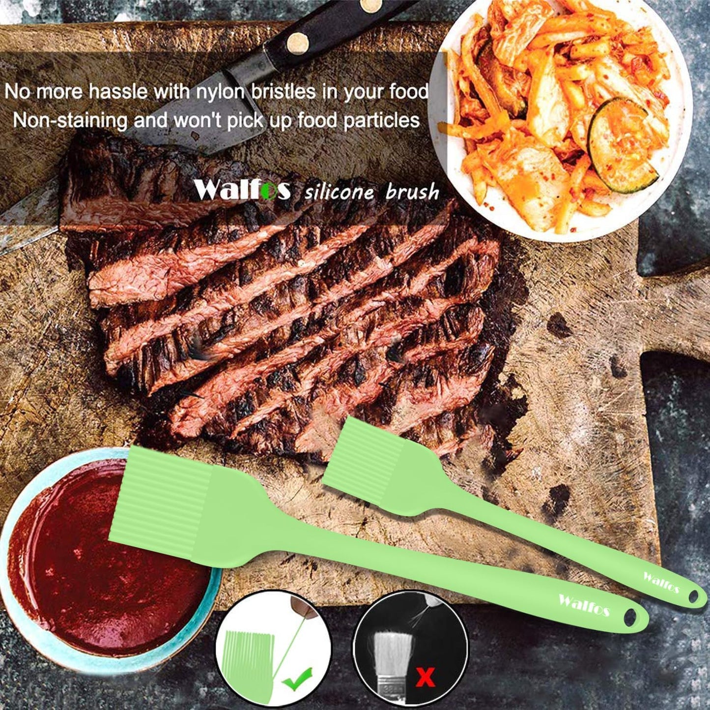 Walfos 600°F Heat Resistant Silicone Basting Brushes BPA Free Pastry Brush, Spread Oil Butter Sauce for BBQ Grill Baking Kitchen Cooking, Dishwasher Safe (2 SIZE)