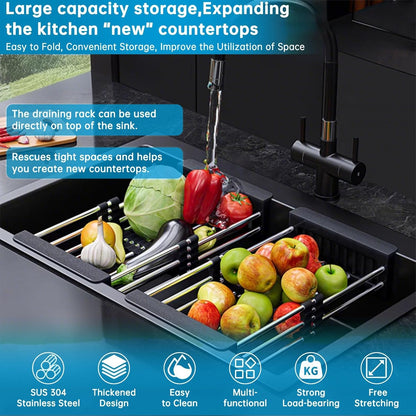 Over The Sink Dish Drying Rack, Stainless Steel Expandable Telescopic Drain Basket with Adjustable Arms - Functional Kitchen Sink Organizer for Dishes, Vegetables & Fruits (Large, Black)