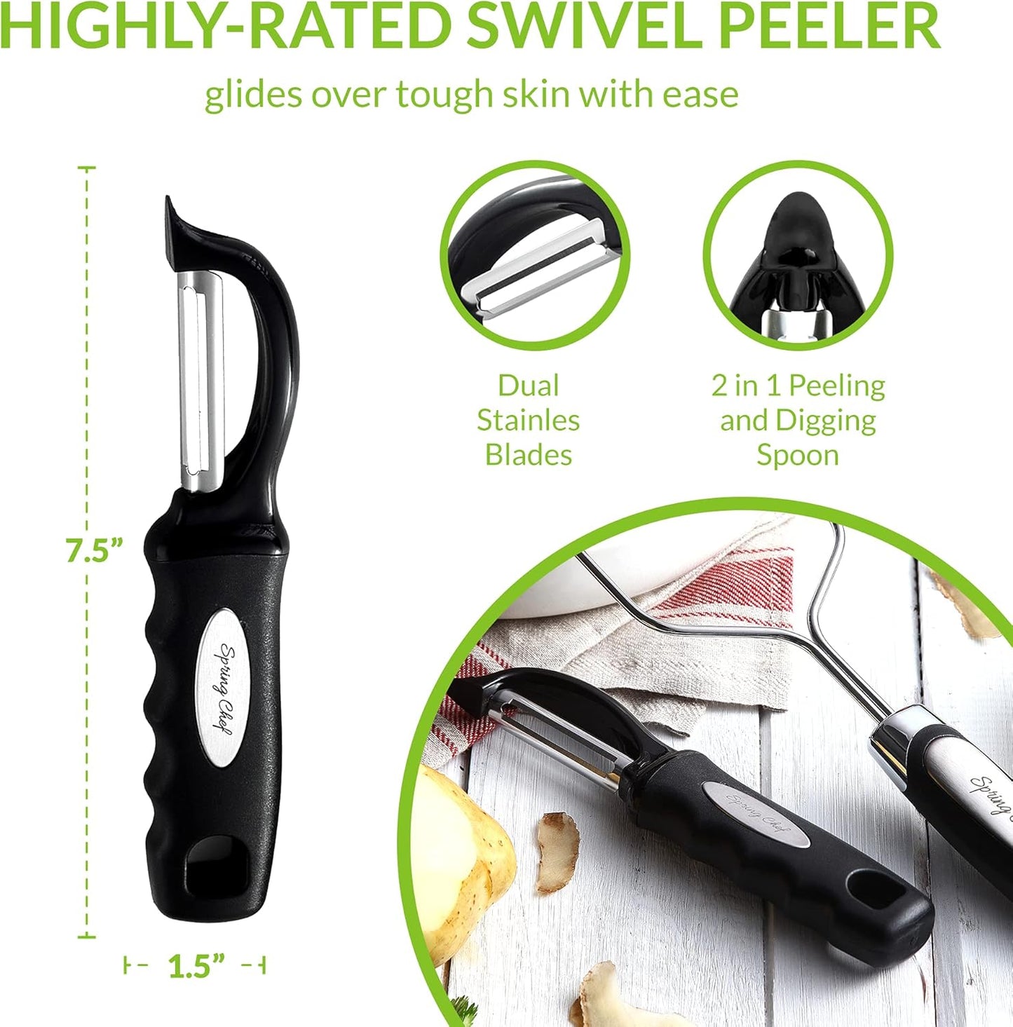 Spring Chef Stainless Steel Premium Vegetable Peeler with Potato Masher, Soft Grip Handle Metal Food Peeler and Masher for Fruit & Vegetables