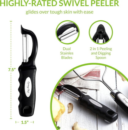 Spring Chef Stainless Steel Premium Vegetable Peeler with Potato Masher, Soft Grip Handle Metal Food Peeler and Masher for Fruit & Vegetables