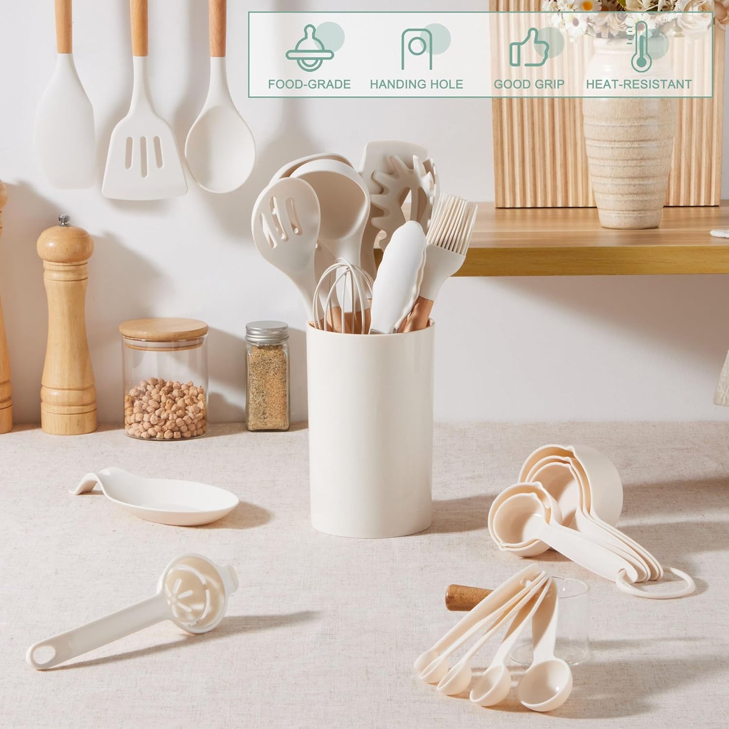 E-far Silicone Cooking Utensils Set, 10-Piece Heat Resistant Kitchen Utensils Set with Wooden Handle for Nonstick Cookware, Kitchen Nonstick Tools Spatula Whisk Tongs Ladle, Non-toxic & Healthy(Khaki)
