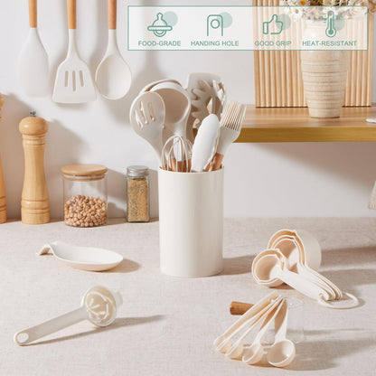 E-far Silicone Cooking Utensils Set, 10-Piece Heat Resistant Kitchen Utensils Set with Wooden Handle for Nonstick Cookware, Kitchen Nonstick Tools Spatula Whisk Tongs Ladle, Non-toxic & Healthy(Khaki)
