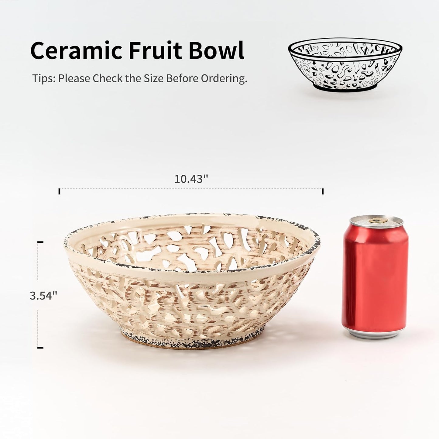 SIDUCAL Ceramic Fruit Bowl for Kitchen Counter,Decorative Fruit Basket with Holes, 10.43" Large Hollow Out Fruit Vegetable Holder Bowl for Table Decor, Gray