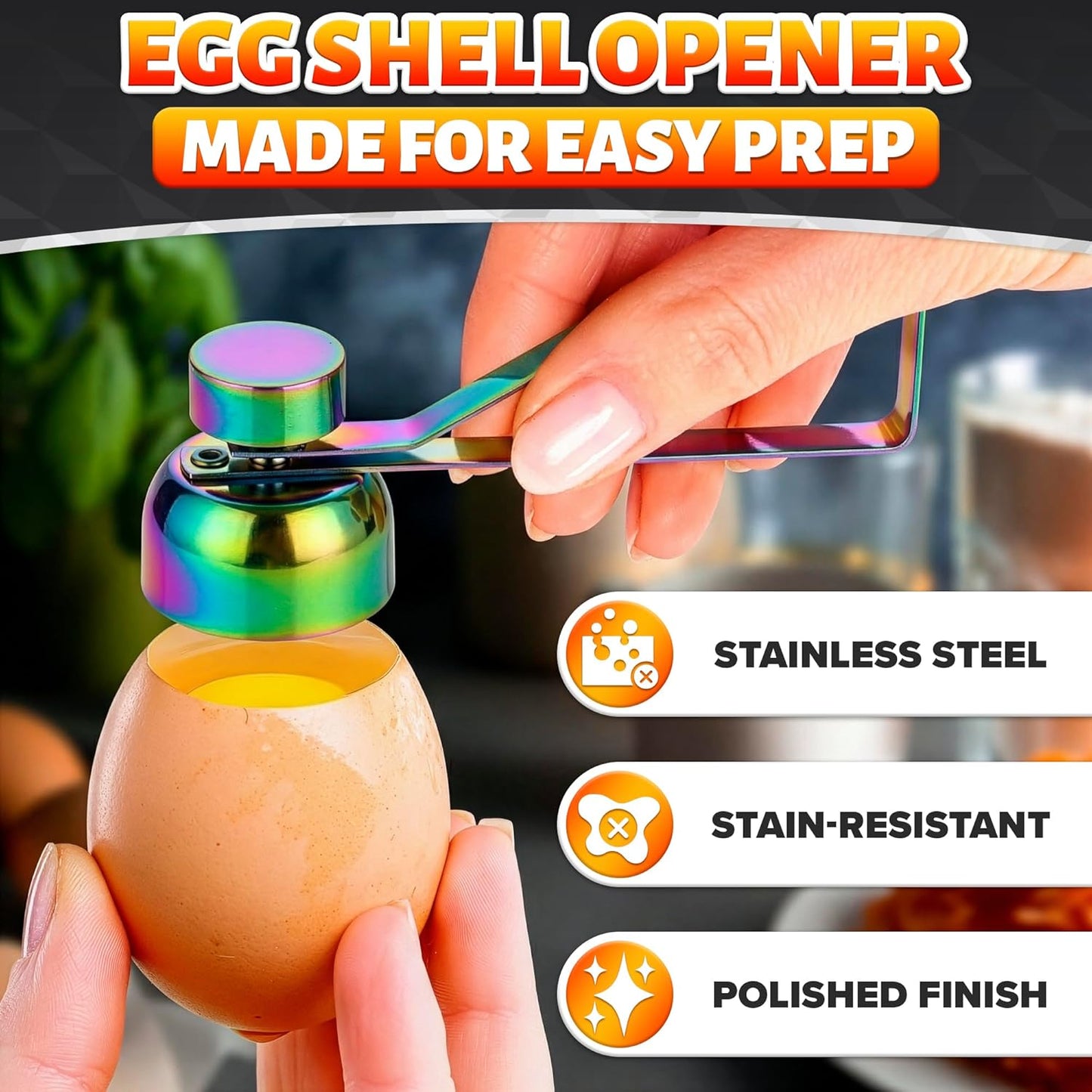 Egg Cracker Tool for Raw Eggs — Egg Shell Opener for Soft-Boiled Shell Tops, Stainless Steel Topper with Ergonomic Adjustable Effort — Clean Cut Design for Breakfast Prep, Custards, & Baking (Silver)