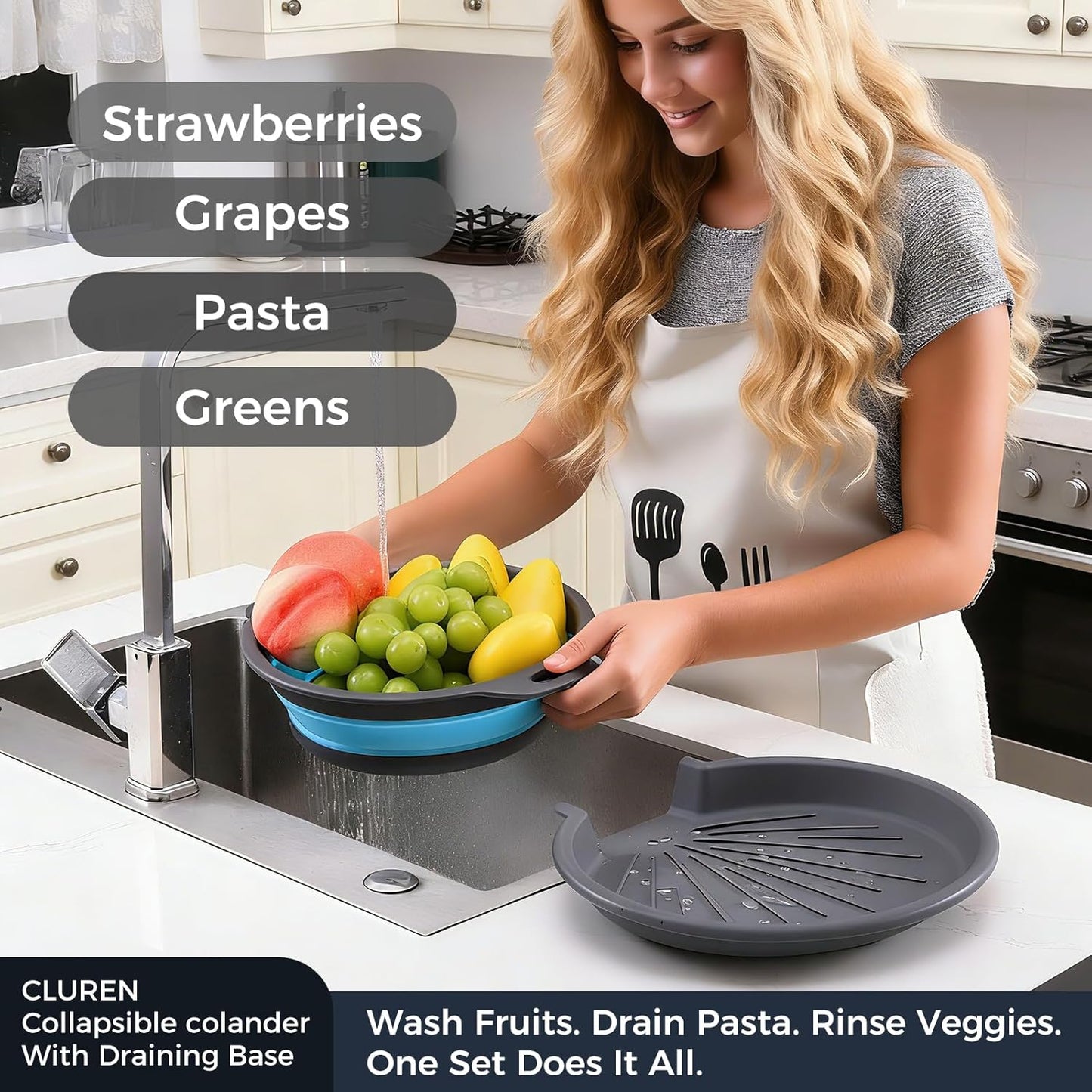 Collapsible Colander Set with Oversized Draining Tray | 3-Pack Foldable Kitchen Strainers + Base | Space Saving for Pasta, Veggies, Fruit & Rice | 5 Colors (Gray-White)