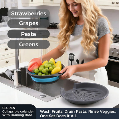 Collapsible Colander Set with Oversized Draining Tray | 3-Pack Foldable Kitchen Strainers + Base | Space Saving for Pasta, Veggies, Fruit & Rice | 5 Colors (Gray-White)
