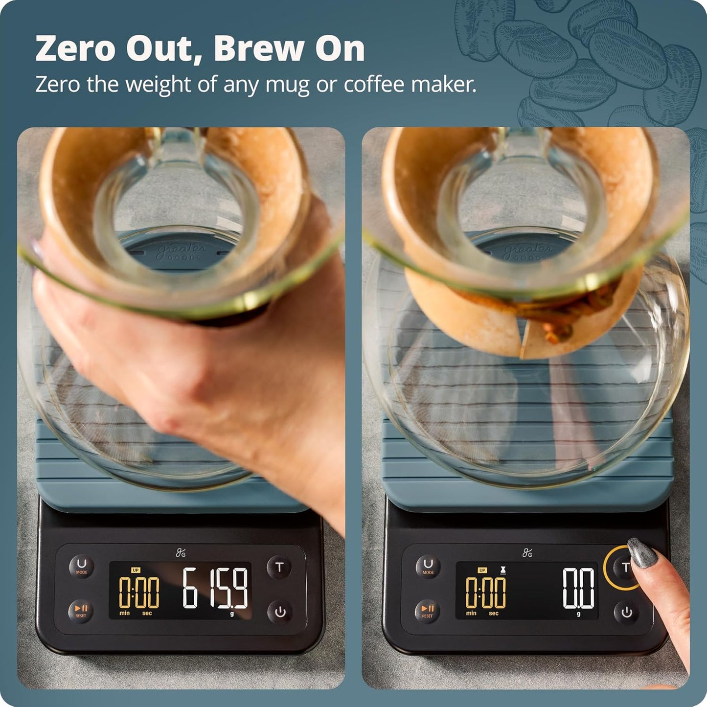 Greater Goods Coffee Scale with Timer – 0.1g Precision Digital Coffee & Espresso Scale for Pour-Over, Coffee Bean Weighing, Barista Brewing, Waterproof Cover, 3kg Capacity (Onyx Black)