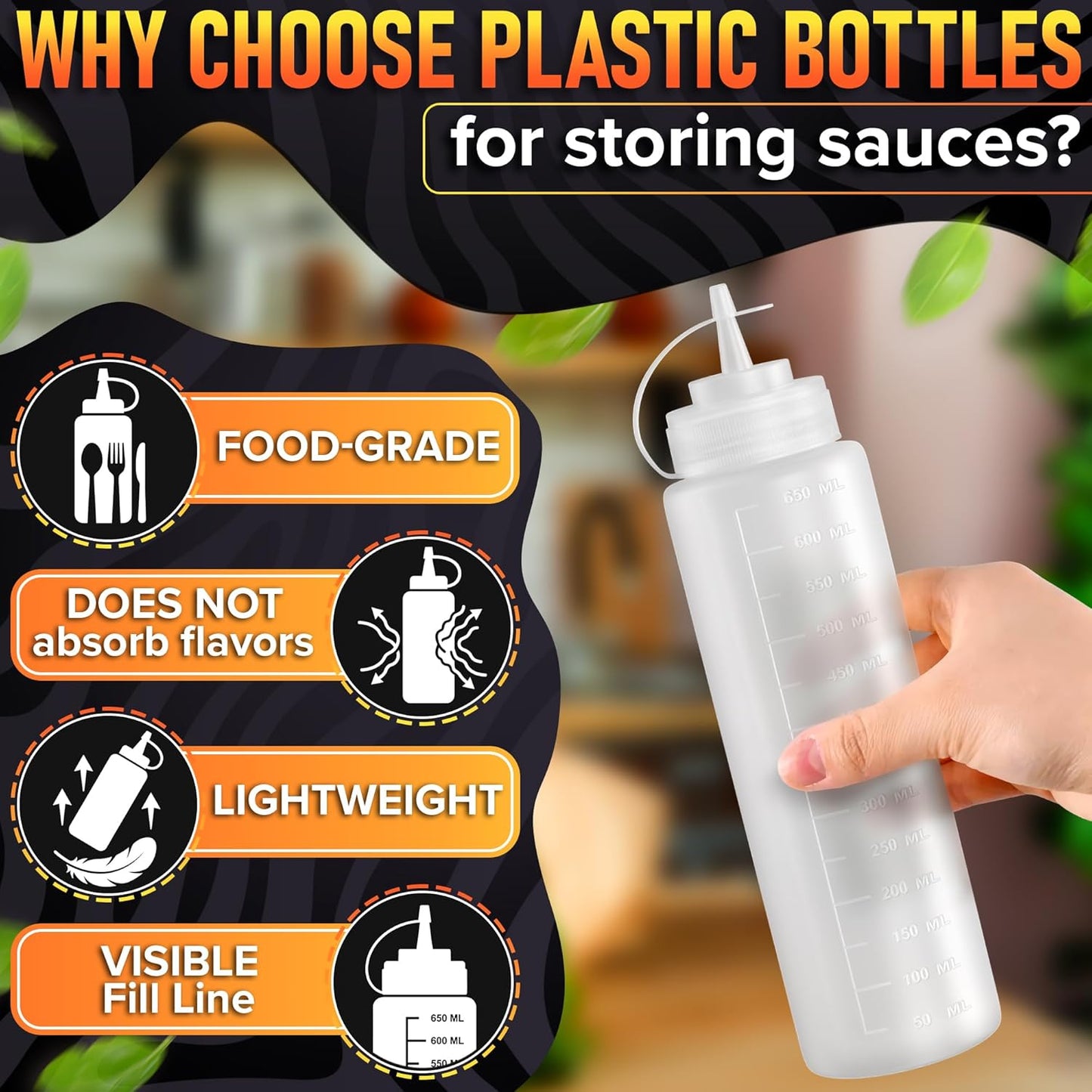 Set of 3 Inverted Condiment Squeeze Bottles 16 oz – Upgraded Design with Added Sealing Gaskets, Self-Closing Valve, Easy-to-Fill Clear Bottles for Sauces, Dressings, Ketchup, Mustard for Everyday Use