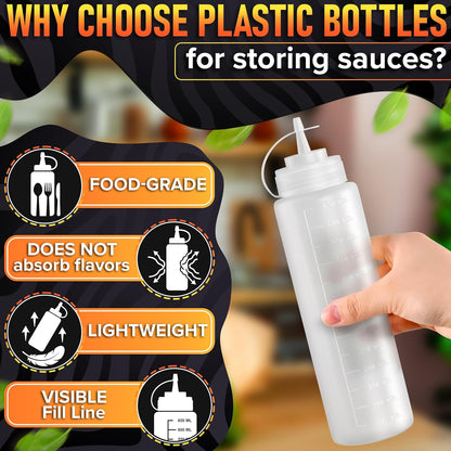 Set of 6 Inverted Condiment Squeeze Bottles 16 oz – Upgraded Design with Added Sealing Gaskets, Self-Closing Valve, Easy-to-Fill Clear Bottles for Sauces, Dressings, Ketchup, Mustard for Everyday Use