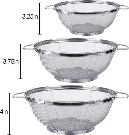 3 Pack 18/8 Stainless Steel Colander Sieves(5-Quart, 4-Quart and 3-Quart), Mesh Strainer Net Baskets with Handles & Resting Base for Strain, Drain, Rinse or Steam