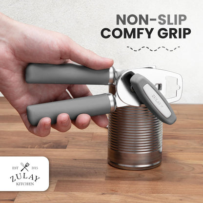 Zulay Kitchen Heavy Duty Stainless Steel Can Opener Manual with Bottle Opener - Rust Proof Manual Can Opener With Turn Knob & Comfy Soft Grip Handles - Black
