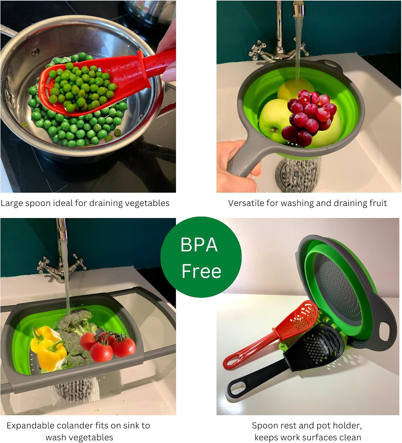BaraBara 10 pcs Silicone Telescopic Collapsible Strainers with Handles, Foldable Bowl, Clip on Drainer. Green Spoon Rest, 3 ladle Masher Spoons. Silicone Gloves Heat Resistant Bundle Cooking Set.
