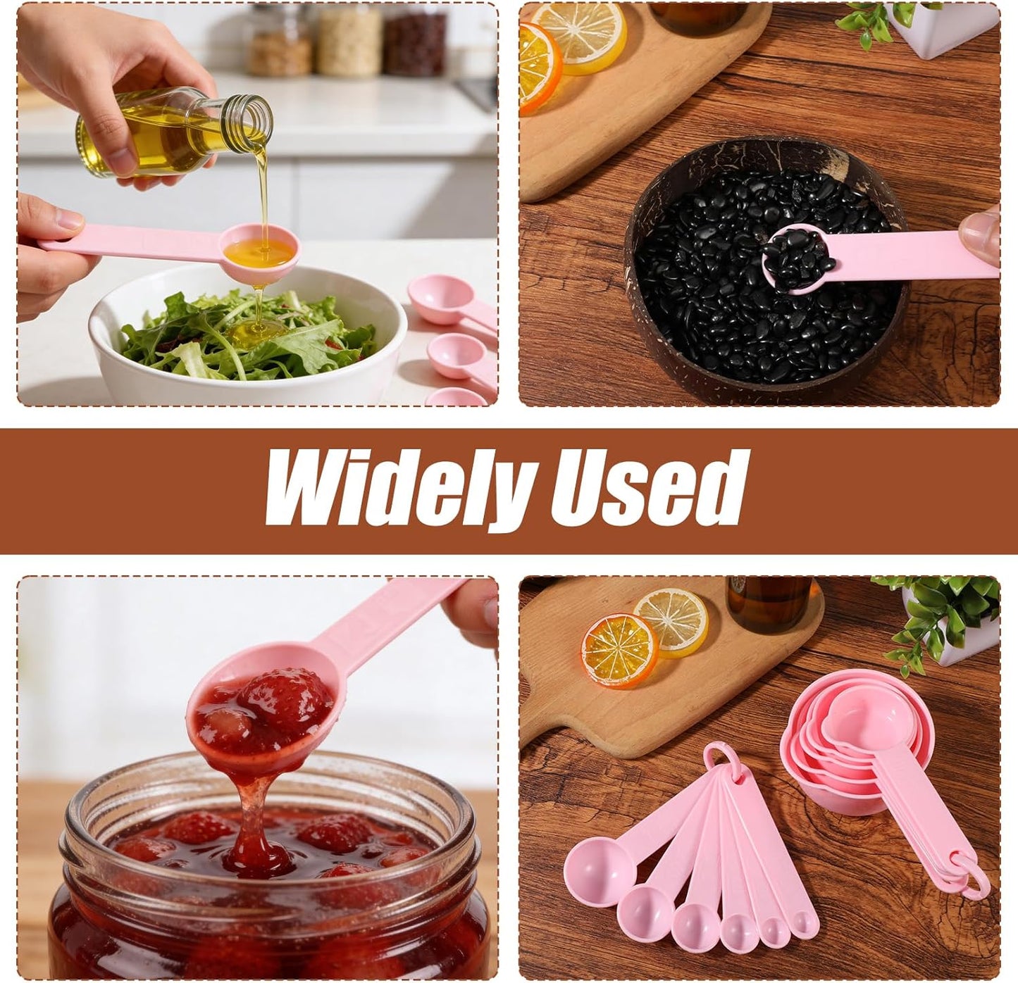 Amabro 11pcs Measuring Cups and Spoons Set, Nesting Measure Cups with Ring and Easy Read Markings Small Teaspoon with Plastic Head for Dry & Liquid Ingredients, Pink