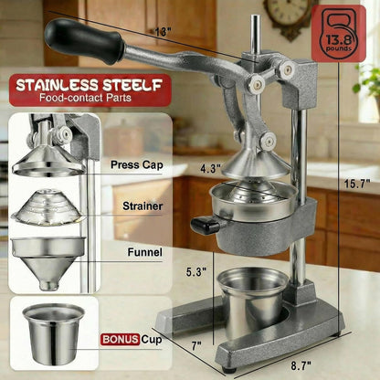 Cast Iron Citrus Juicer Hand Press, Heavy Duty Manual Orange Juicer Squeezer with 304 Stainless Steel Cup & Strainer, Lemon Grapefruit Pomegranate Press, Grey