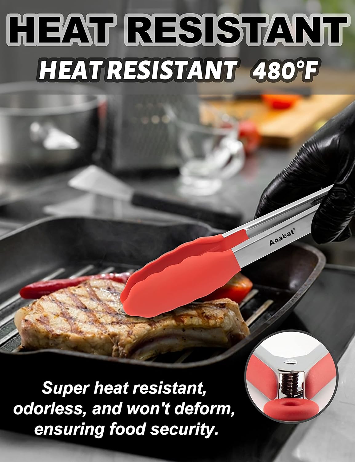 Anaeat Non-Stick Silicone Locking Tong Set of 3 - Stainless Steel 7", 9", 12" Kitchen Food Tongs with Non-Slip Silicone Tips and Grip for Cooking, Baking and BBQ - Heat Resistant up to 480°F (Black)