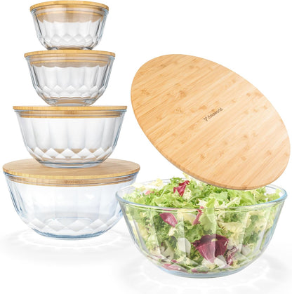 Set of 5 Nesting Glass Bowls with New Updated Acacia Lids for Foodprep, Storage, Mixing & Cooking - Microwave & Oven-ready BPA Free Durable Heat Resistant Inert Borosilicate Glass