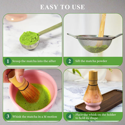 Matcha Whisk Set Matcha Making Kit Bamboo Chasen Ceramic Whisk Holder Stand Sifter Scoop Japanese Tea Tools (Solid Pink)