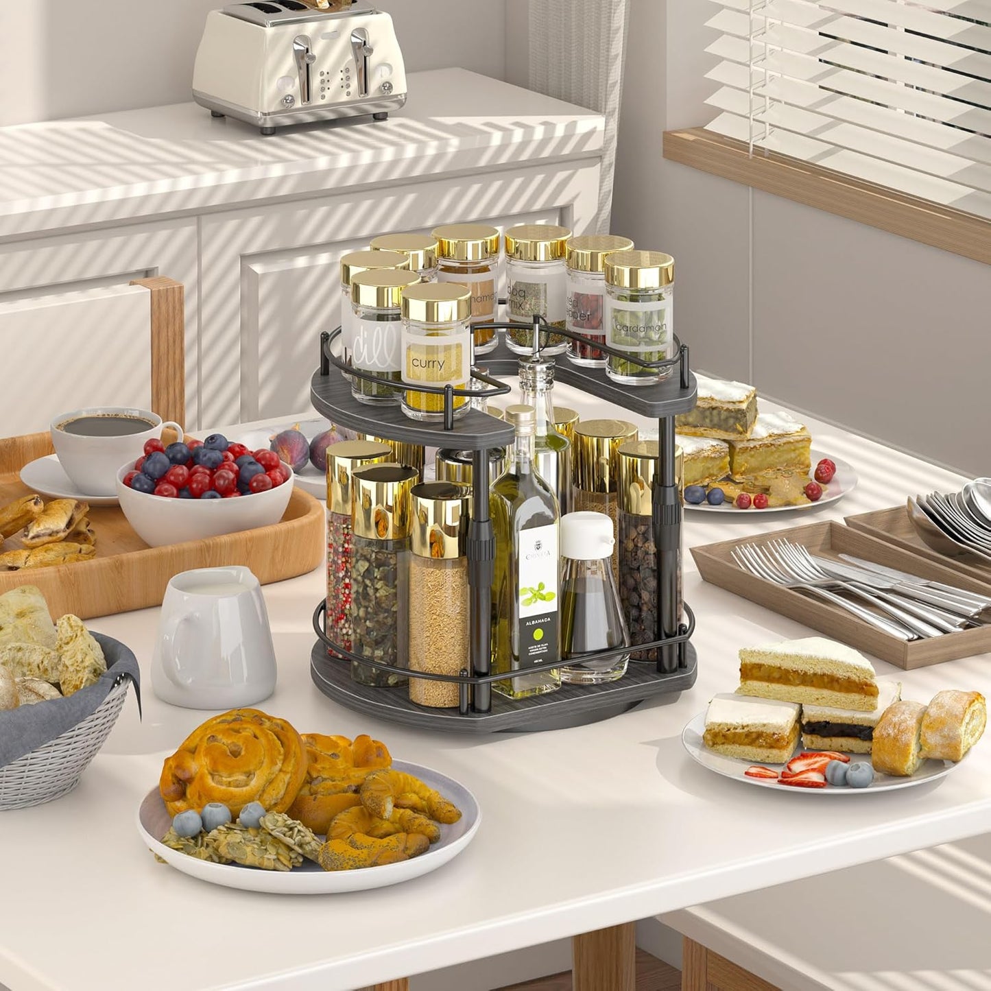 Across-Star Lazy-Susan-Organizer-Spice-Rack, Rotating Spice Organizer For Cabinet Pantry, Seasoning Holder Spice Shelf With Adjustable Height, Kitchen Counter Shelf Countertop Organizer