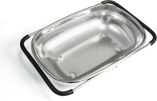 GREATLINK Over Sink Expandable Colander - Fine Mesh Strainer Basket with Extendable Handles for Kitchen, 6QT Vegetable Fruit Pasta Strainer for Washing Rice, Kitchen Colander