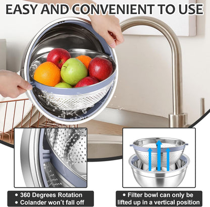 E-far Colander with Mixing Bowl Set, 4-1 Stainless Steel Colander Strainers Bowl with Graters for Kitchen, Rotatable Food Strainer Bowl for Rinsing Fruits Vegetables/Draining Pasta - Blue