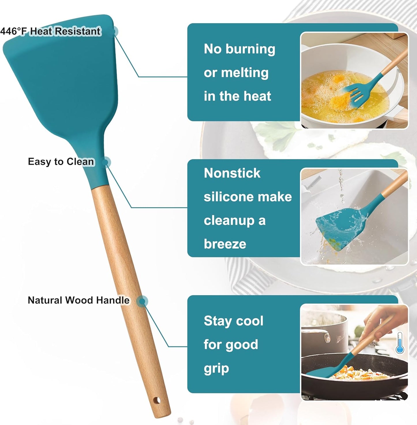 E-far Silicone Cooking Utensils Set, 10-Piece Heat Resistant Kitchen Utensils Set with Wooden Handle for Nonstick Cookware, Kitchen Nonstick Tools Spatula Whisk Tongs Ladle, Non-toxic & Healthy(Khaki)