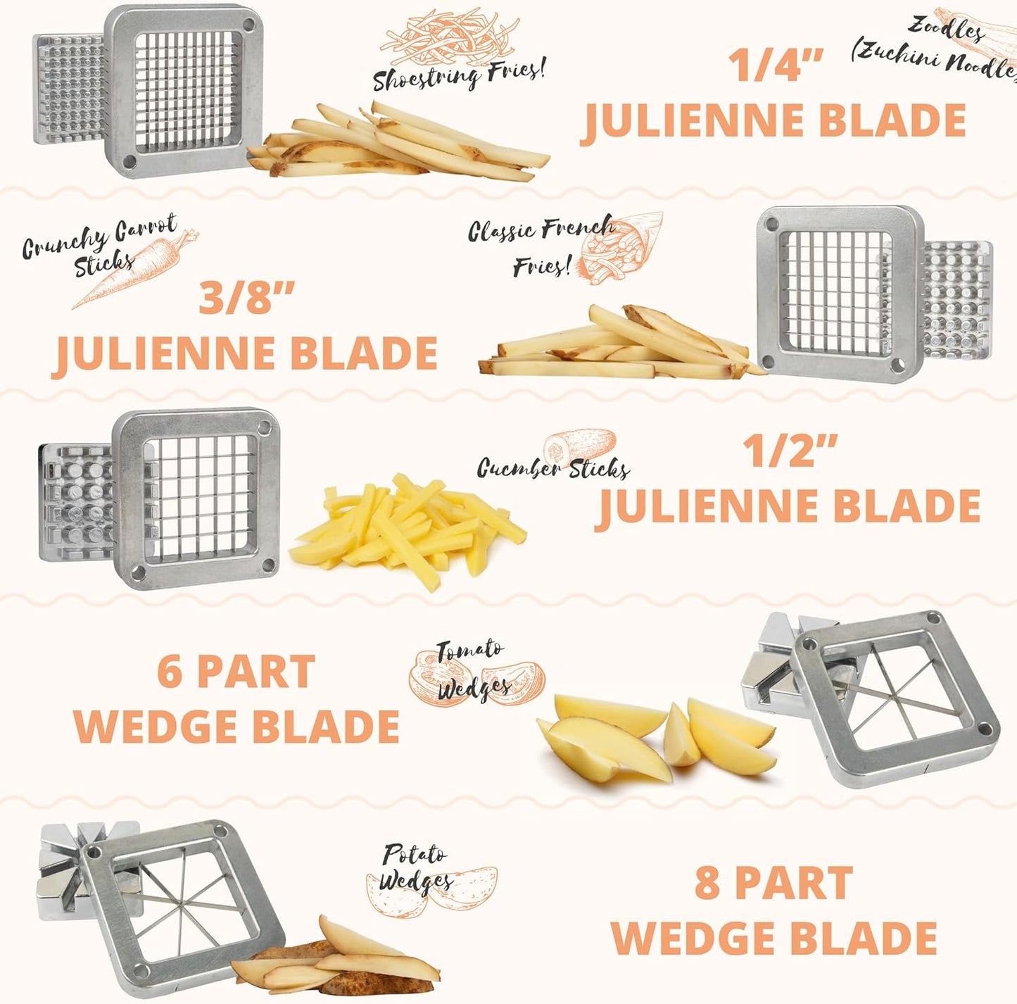 Tiger Chef Commercial Grade French Fry Cutter, Complete Combo Sets 15 Pieces,