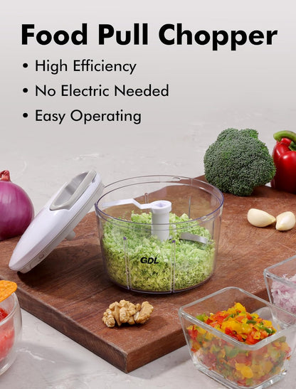 GDL Food Chopper, Pull Onion Chopper Dicer, Hand Powered Food Mincer, Fast Cutting Hand Chopper for Oinon, Garlic, Nut, 3.4 Cups 0.8L, Red