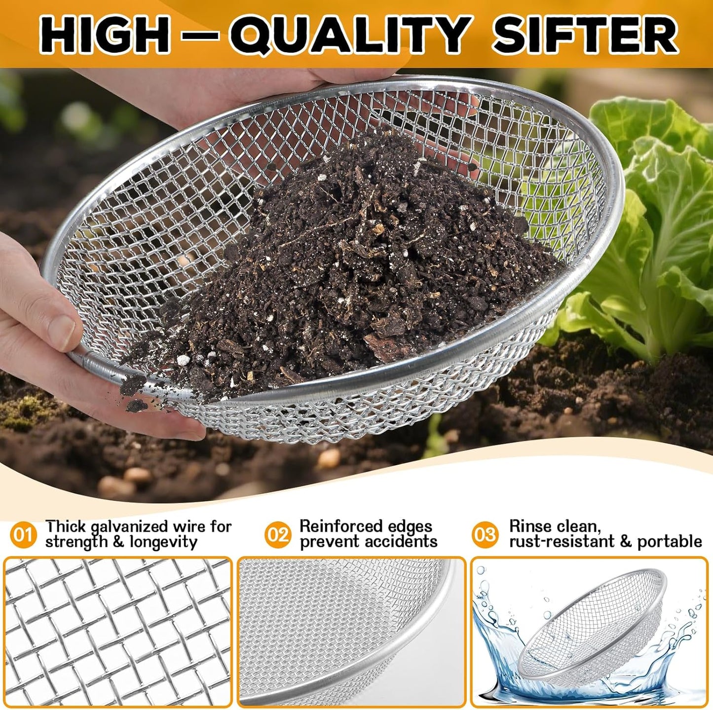 3Pcs 3 Apertures Sizes Soil Sifter Sieve - Heavy Duty Galvanized Screen for Compost, Dirt, Rocks, Gravel & Garden - Fits 5 Gallon Bucket, Rust-Resistant - Composting & Sifting Tool