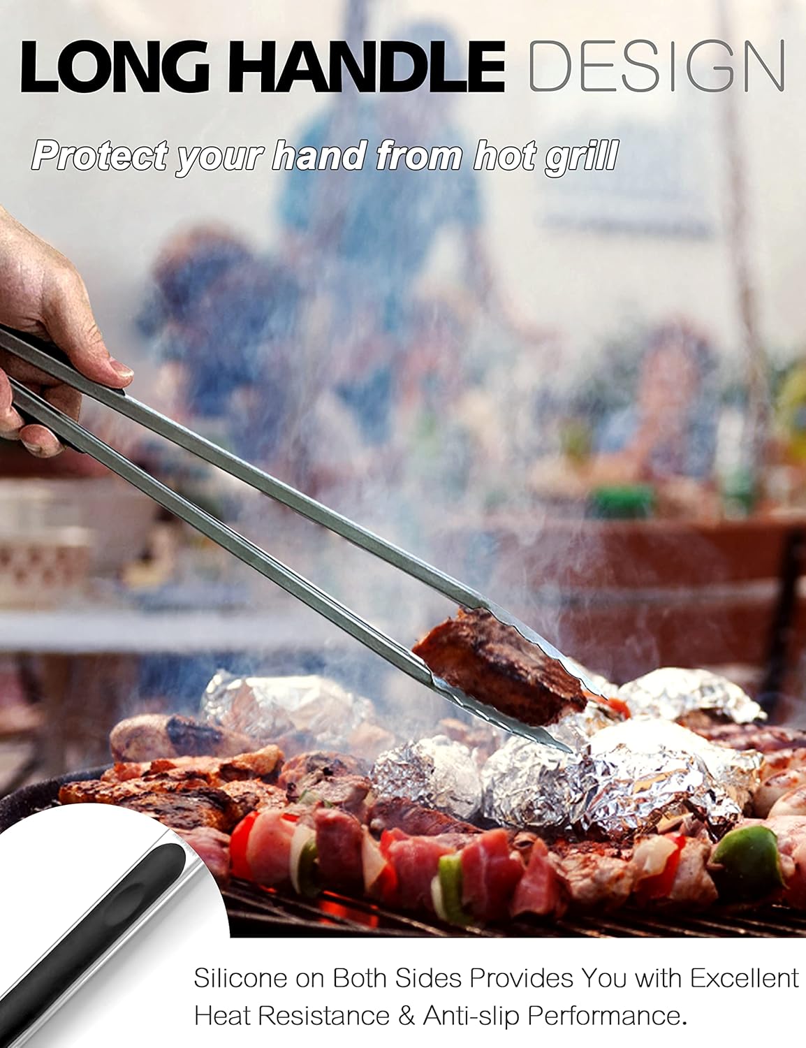 Anaeat Non-Stick Silicone Locking Tong Set of 3 - Stainless Steel 7", 9", 12" Kitchen Food Tongs with Non-Slip Silicone Tips and Grip for Cooking, Baking and BBQ - Heat Resistant up to 480°F (Black)