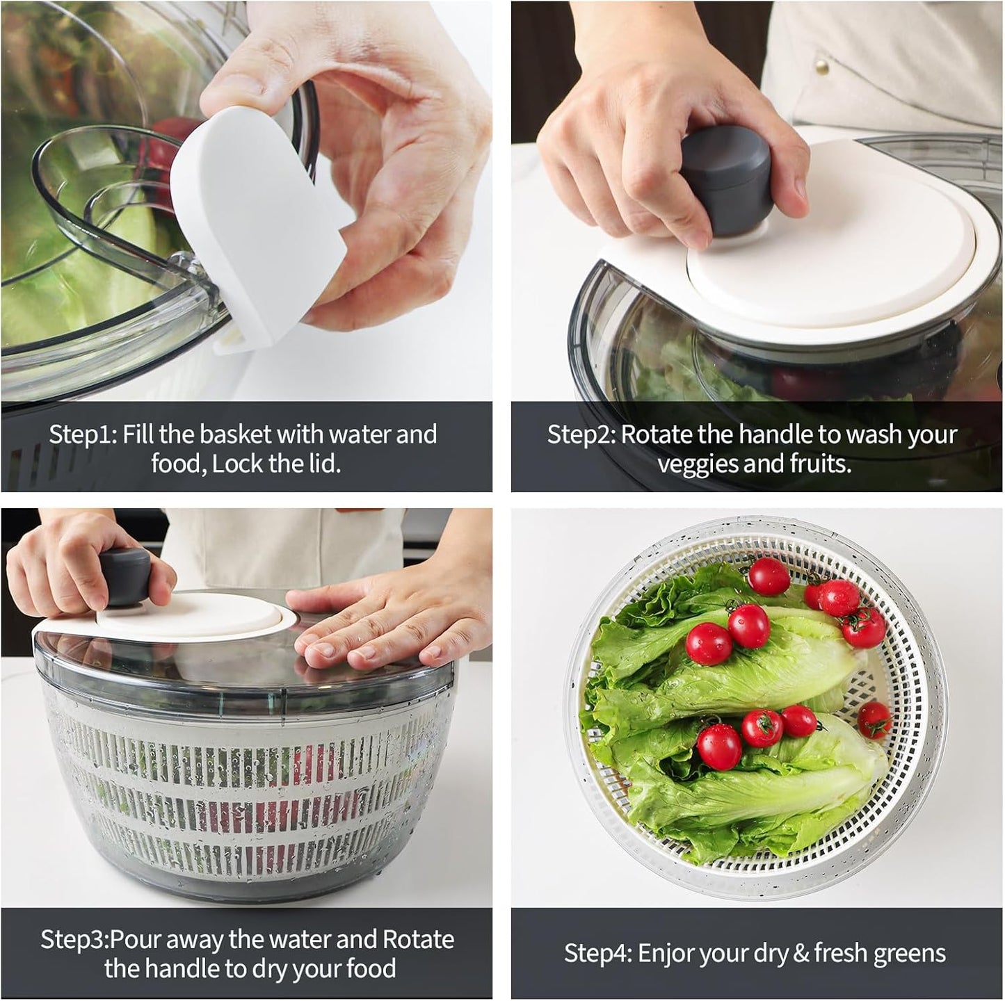 Cambom Salad Spinner Lettuce Spinner, Wash, Spin & Dry Salad Greens, Vegetable Washer Salad Dryer With Rotary Handle for Fruits & Vegetables, High Efficiency Vegetable Spinner Kitchen Gadget 3Qt Black