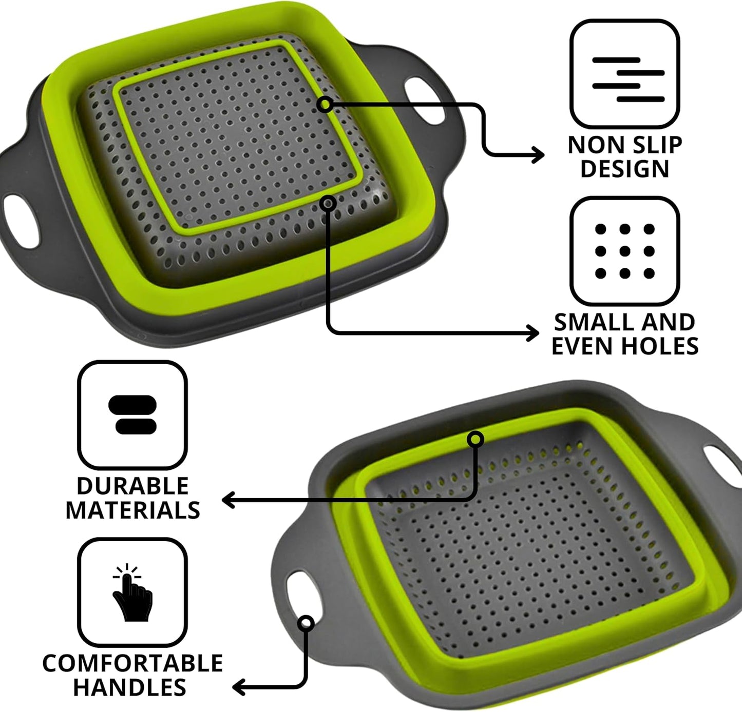 Green Kitchen Strainer Colander Set - 2 PCS Multifunctional Colander Silicone Food Strainers for Kitchen for Pasta and Spaghetti Collapsible with Plastic Handles