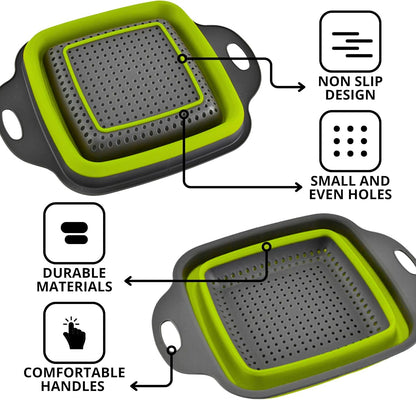 Green Kitchen Strainer Colander Set - 2 PCS Multifunctional Colander Silicone Food Strainers for Kitchen for Pasta and Spaghetti Collapsible with Plastic Handles