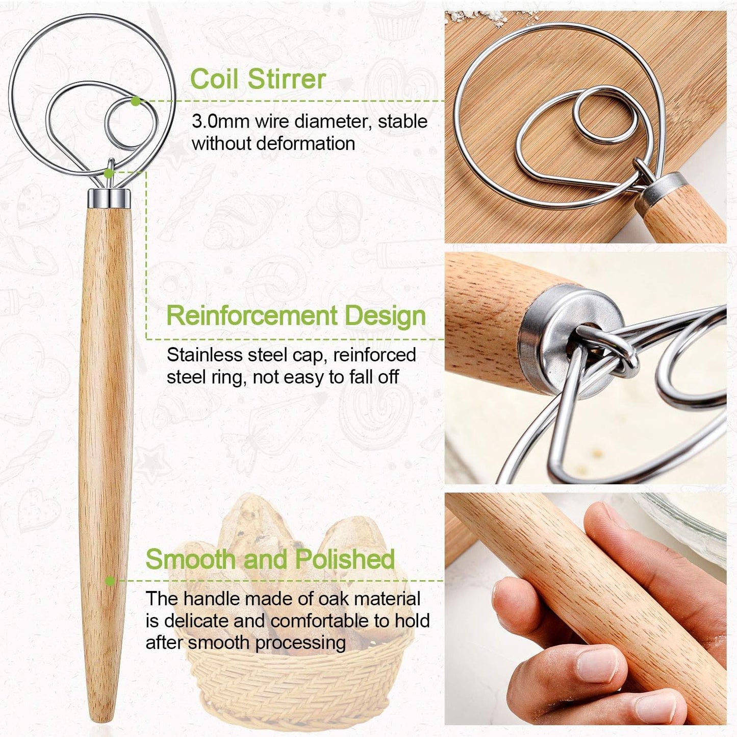 3PCS Danish Dough Whisks, Kalolary Premium Mixing Whisk Tools for Kitchen Baking Wooden Handle Stainless Steel Manual Dough Mixer Bread Cake Making(3 Size Included)
