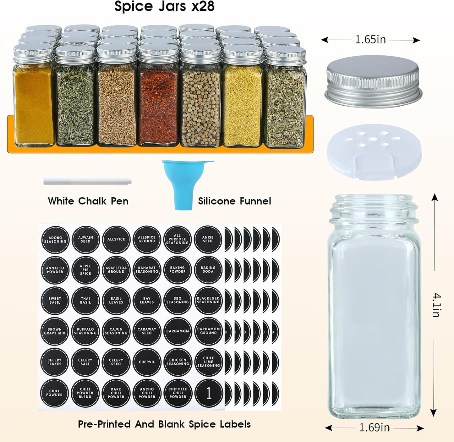 Skiileor Spice Rack Organizer with 28 Spice Jars, Black Lids，Spice Labels, Chalk pen and Funnel Set for Cabinet, Countertop, Pantry, Cupboard or Wall Mount