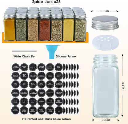Skiileor Spice Rack Organizer with 28 Spice Jars, Black Lids，Spice Labels, Chalk pen and Funnel Set for Cabinet, Countertop, Pantry, Cupboard or Wall Mount