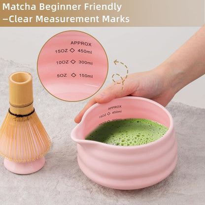 5pcs Premium Matcha Set,Ceramic Bowl with Spout and Bamboo Whisk set, Ceremonical Matcha Kit for breakfast/latte,Tea Starter Making Kit,Unique Matcha Gift set (pink love)