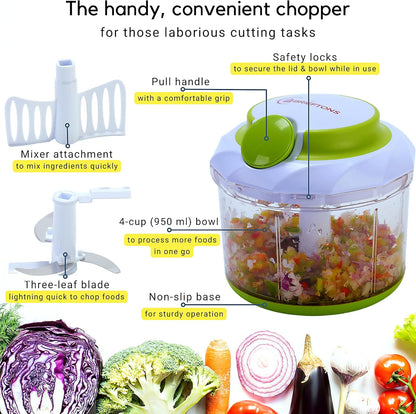 Brieftons QuickPull Manual Food Chopper: Large 4-Cup Powerful Hand Pull Chopper/Mincer/Mixer Blender to Chop Onion, Garlic, Vegetables, Fruits, Herbs for Salsa, Salad, Pesto, Puree, Indian Cooking
