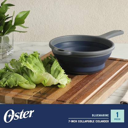 Oster Bluemarine 10-Inch Foldable Strainer – Collapsible Colander for Pasta, Vegetables, Fruits, Space-Saving Kitchen Tool, Blue/Grey Dishwasher Safe