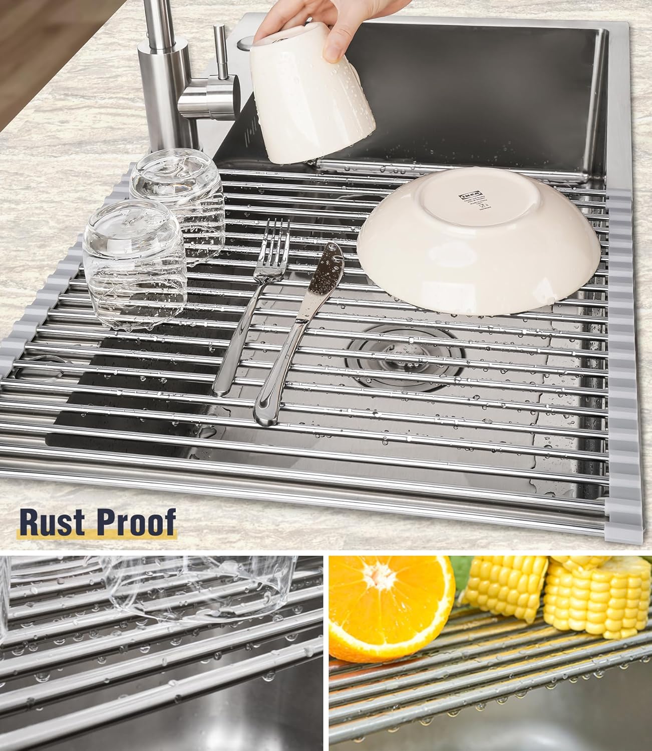 Tomorotec 17.7" x 15.5" Roll Up Dish Drying Rack Over Sink Drying Rack Sink Cover Kitchen Sink Accessories Gadget Multipurpose Organizer Foldable Stainless Steel Drainer