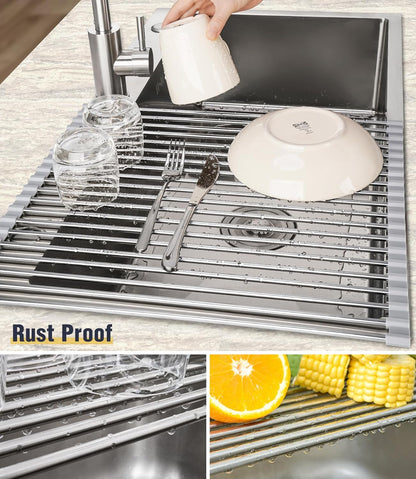 Tomorotec 17.7" x 15.5" Roll Up Dish Drying Rack Over Sink Drying Rack Sink Cover Kitchen Sink Accessories Gadget Multipurpose Organizer Foldable Stainless Steel Drainer
