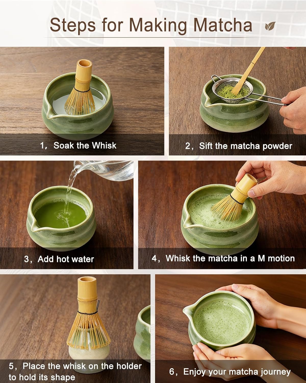Matcha Whisk Set - 8Pcs Matcha Set includes Bowl, Whisk and Holder, Bamboo Scoop, Scoop Rest, Spoon, Sifter and Tea Towel, for Matcha Lovers, Gift- Green