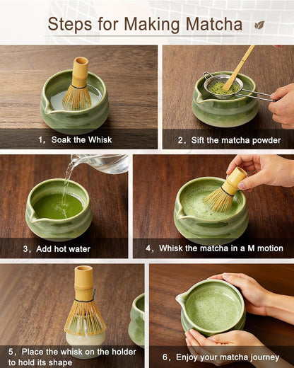 Matcha Whisk Set - 8Pcs Matcha Set includes Bowl, Whisk and Holder, Bamboo Scoop, Scoop Rest, Spoon, Sifter and Tea Towel, for Matcha Lovers, Gift- Green