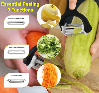 Julienne Peeler (3 Blades, 360° Rotating) Y Peelers for Potato Vegetable Carrot Cucumber & Fruits – Multifunction Stainless Steel Blades, Anti Slip Handle