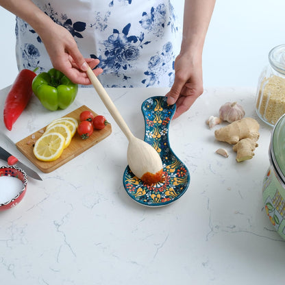 Handmade Spoon Rest, Ceramic Spoon Rest for Stove Top, 10" Spoon Rest for Kitchen Counter, Dishwasher Safe Spoon Holder for Stove, Housewarming Gifts Utensil Rest, Colorful Spoon Rests (Black)