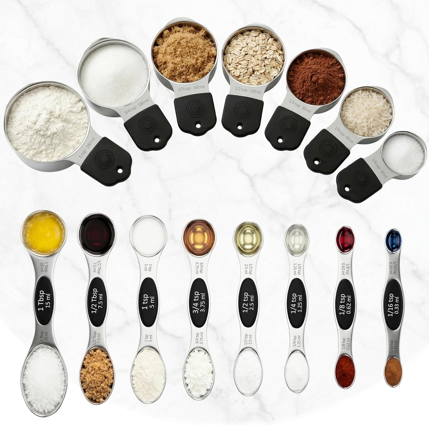 Magnetic Measuring Cups and Spoons Set of 16, 304 Stainless Steel with Multicolor Silicone Handles, 7 Cups, 8 Double-Sided Spoons and Leveler, Laser-Engraved, Stackable, Dishwasher Safe for Baking