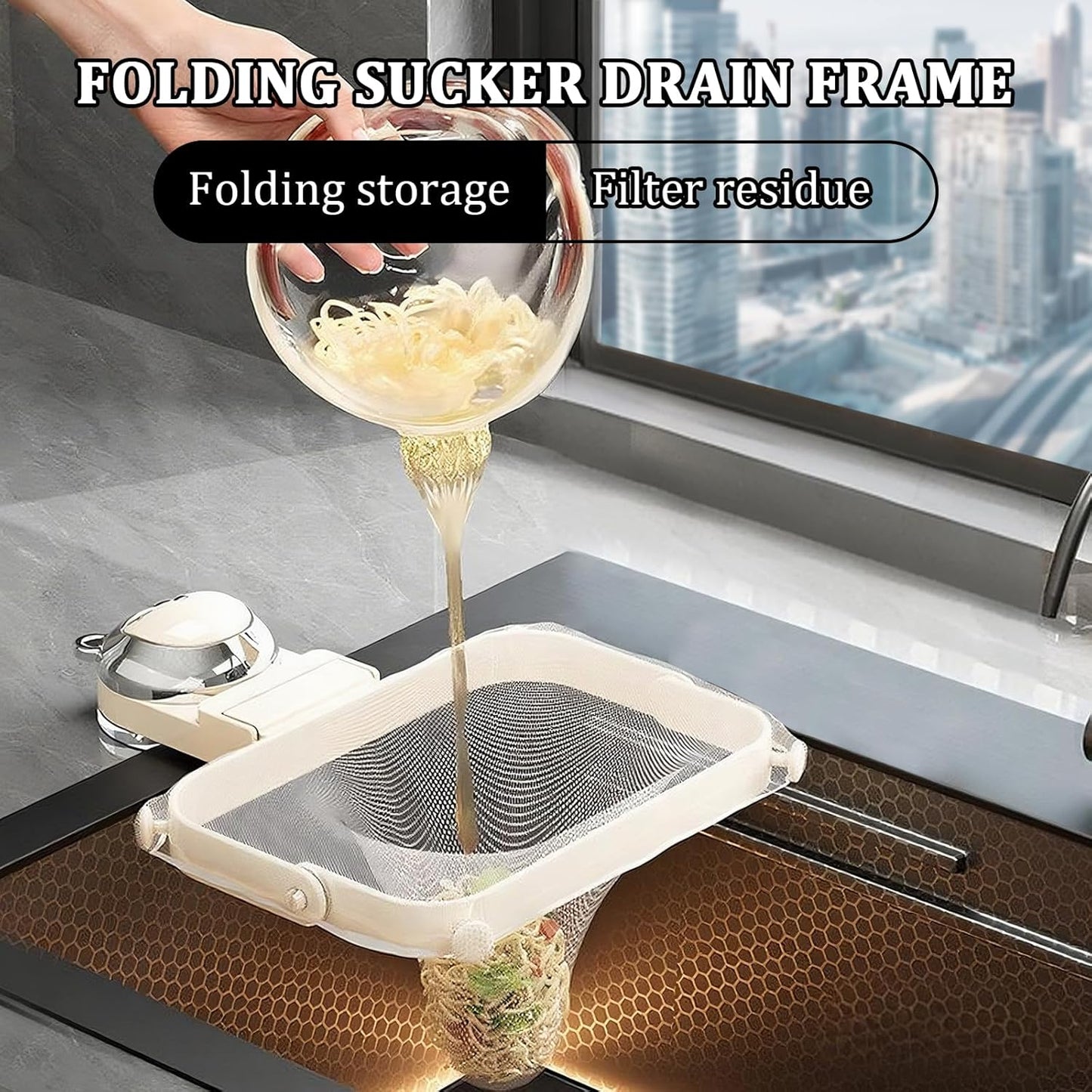 Kitchen Sink Strainer with 100 PCS Filter Mesh Bag, Food Waste Filter Basket, Suction Cup Folding Washing Vegetables and Fruits Drying Bag Holder(Silver)