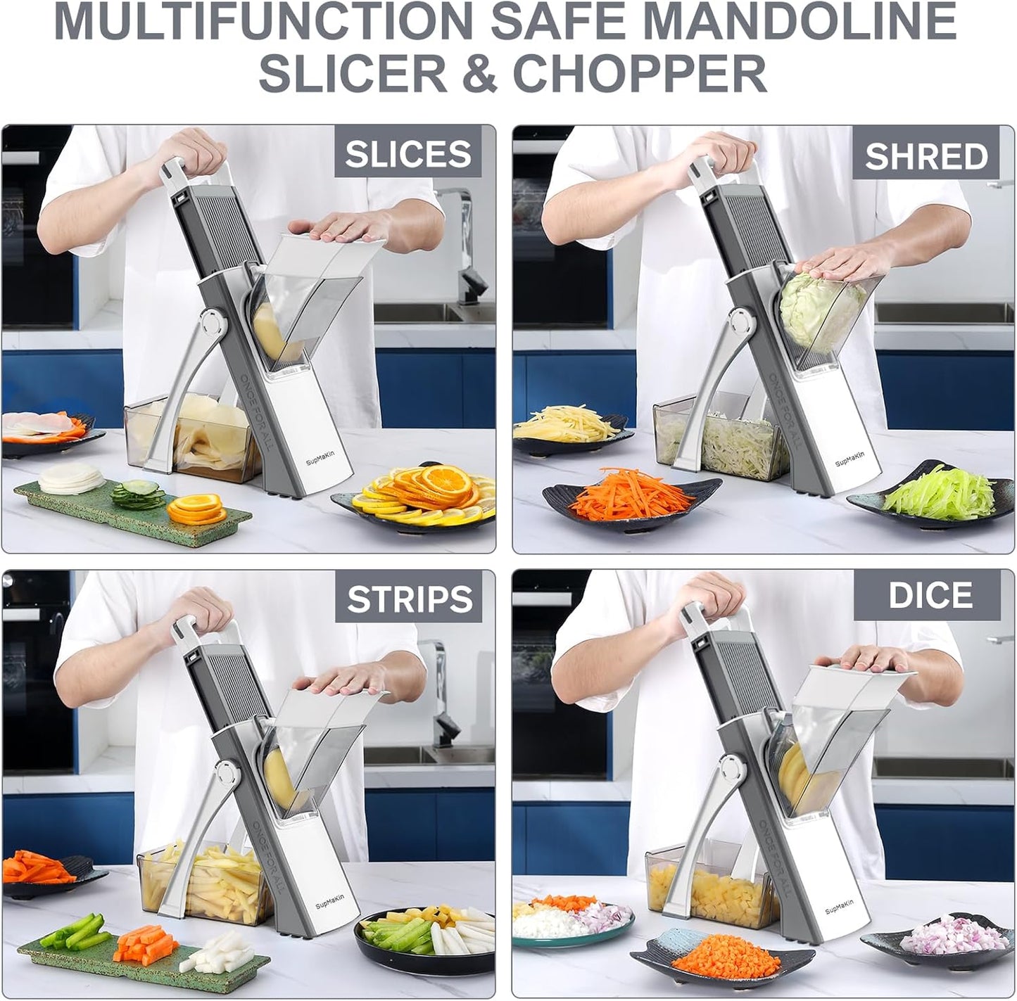 SupMaKin Upgrade Safe Mandoline Slicer Plus, Vegetable Chopper, Potato Slicer, Food Slicer Onion Chopper, Fry Cutter, Veggie Salad Dicer Kitchen Chopping Artifact Gifts (Blue)