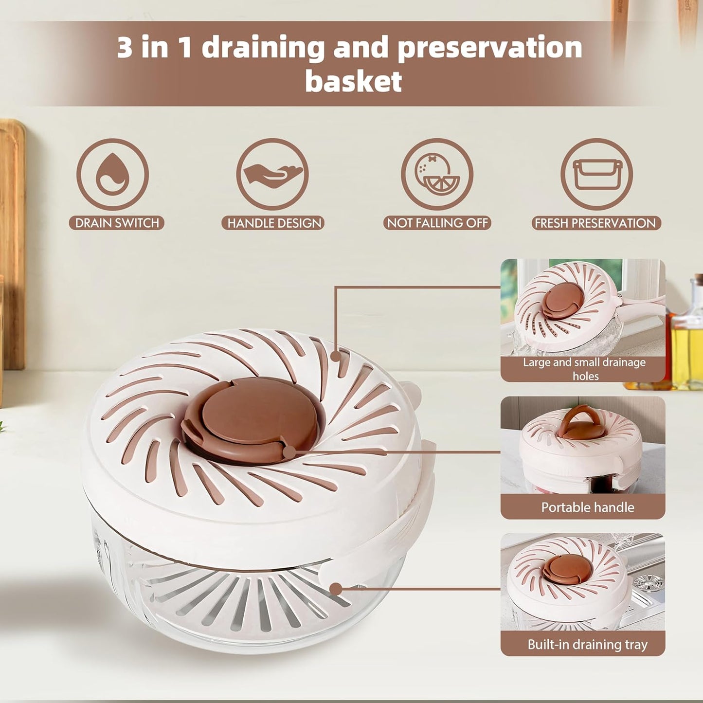 New Upgrade Fruit Washing Bowl with Strainer,3 in 1 Multipurpose Drain Basket with Lid & Ice Box,Foldable Handle Fruit Strainer,Fruit Washer Perfect for Fridge Storage and Outdoor Picnics(1 QT)
